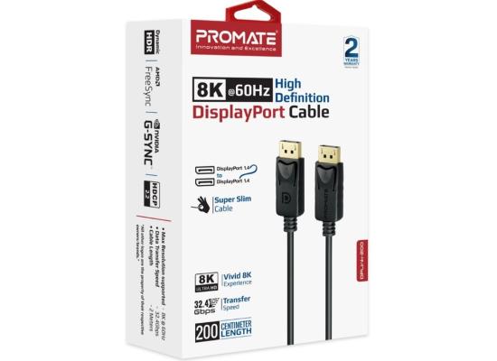 Promate DisplayPort Cable, Premium Ultra HD 8K@60Hz Video Display Cord with 32.4Gbps Bandwidth Transmission, Gold Plated Connectors, 2m Super Slim Cable - Black